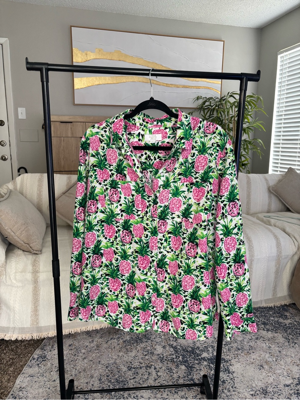 Bright Pineapple Print Linen Button-Up Shirt - Pink & Green XL